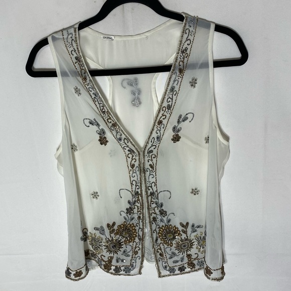Vintage Tops - Vintage White Sheer Vest With Intricate Metallic Beading S Boho Whimsigoth Fairy